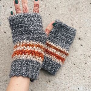 Handmade Crochet Grey, Beige, and Orange Striped Fingerless Gloves